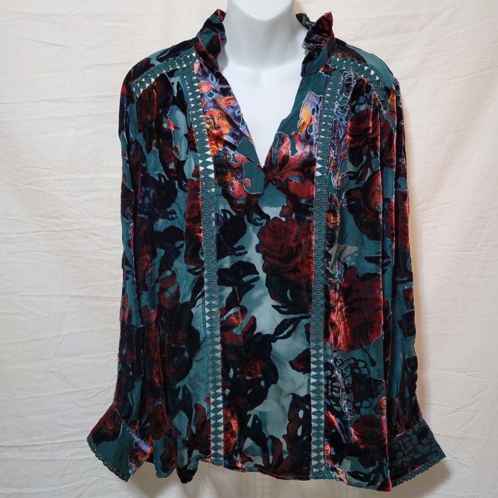 Sundance Women XL Velvet Burnout Peasant Top Silk Blend Sheer Blouse Boho Green